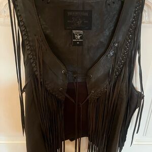 True Religion Brown Leather Fringe Vest with Braided Detail